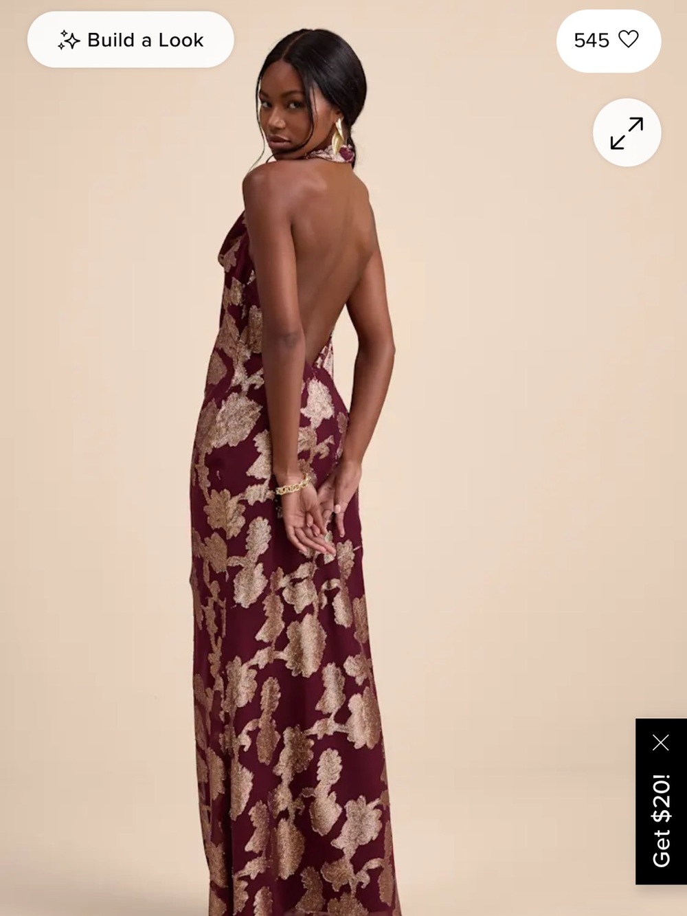 Backless Burgundy and Gold Floral Halter Evening Dress (Lulus)